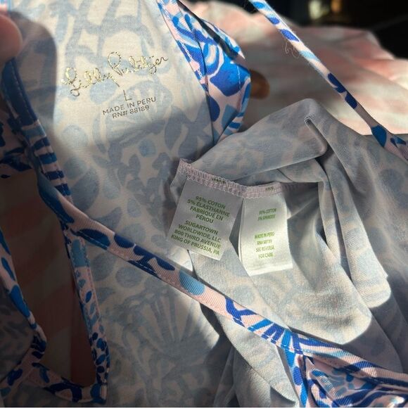 Lilly Pulitzer Blue Light Pink Sea Shells Floral Print Tank w/ Ruffles Women's L - Picture 6 of 6